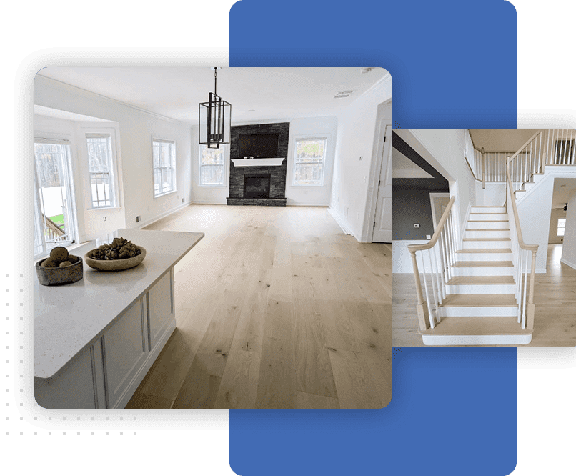 Collage of kitchen with wooden flooring and staircase with wooden flooring